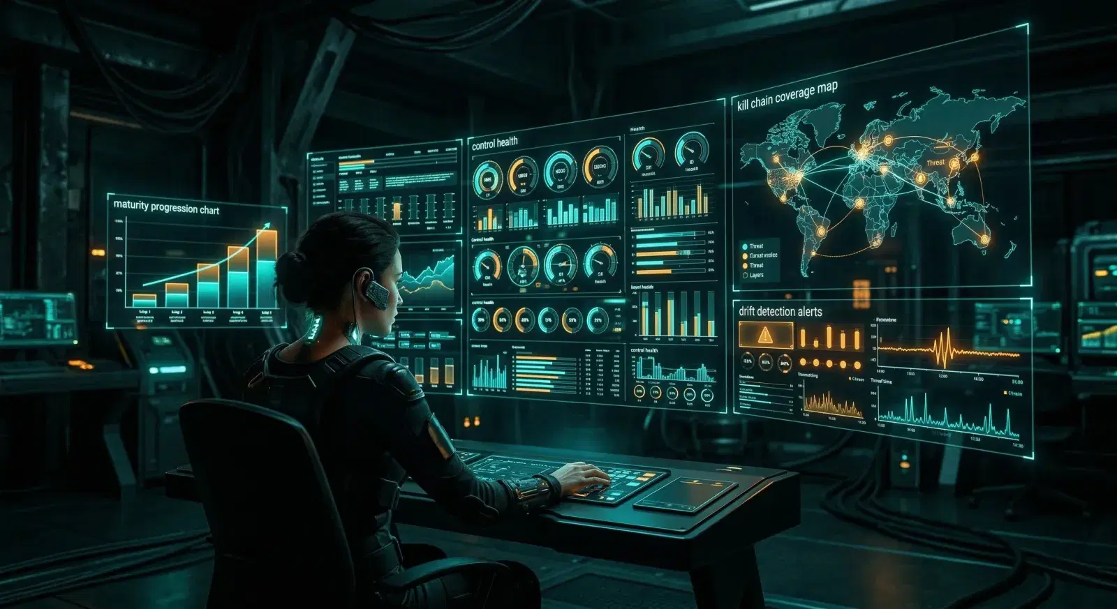 Command center with real-time adversarial validation dashboards showing control health metrics
