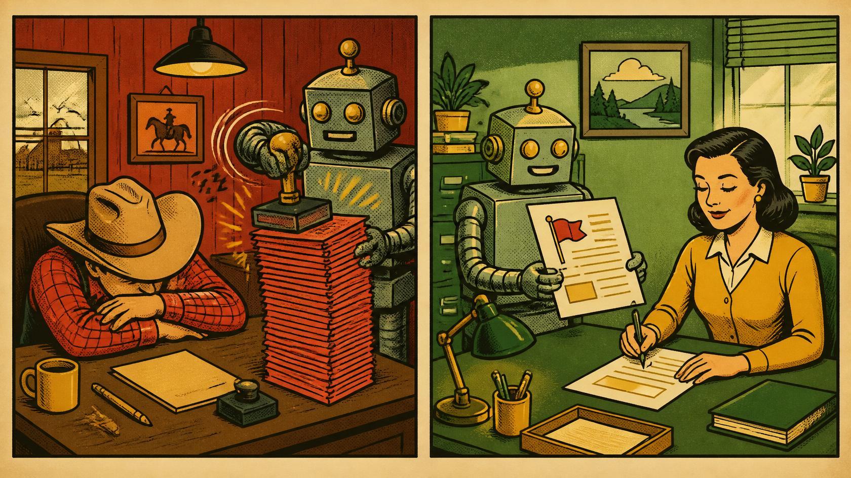 Human-in-the-loop AI in GRC: Carl lets an AI auto-approve access while Carol keeps a human decision-maker