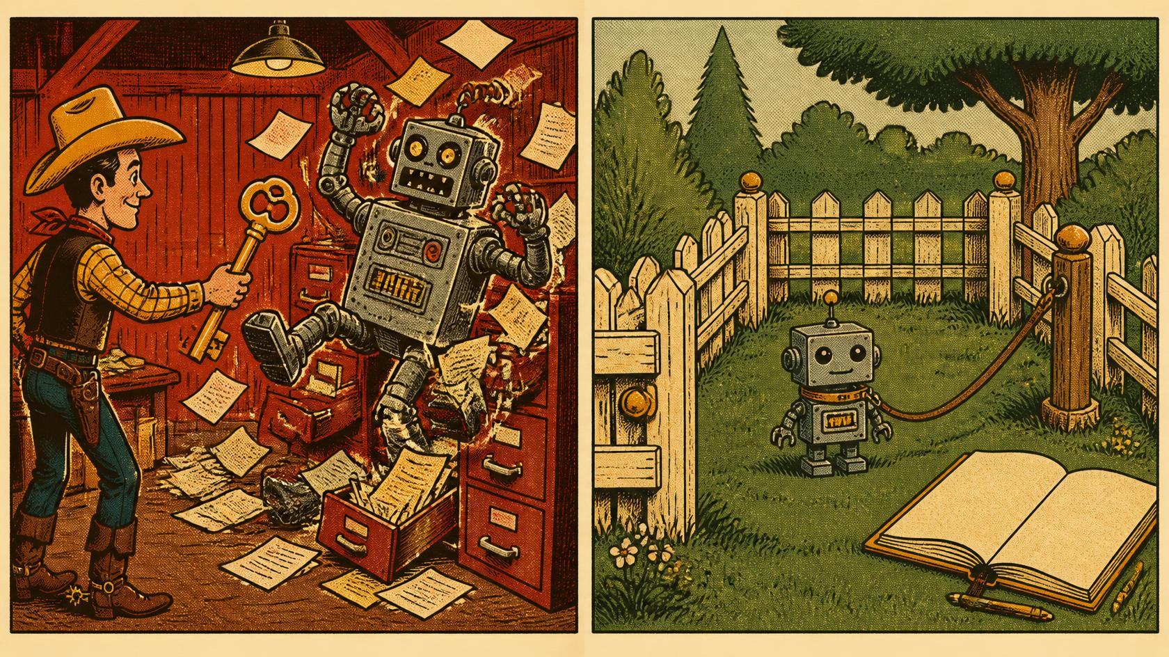 Agentic AI in GRC: Carl gives an agent god-mode keys while Carol scopes least privilege and logging