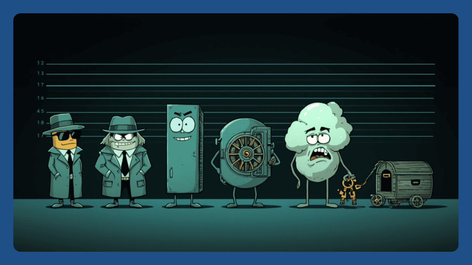 A retro detective case board linking six famous hacks to the boring security controls that would have stopped them