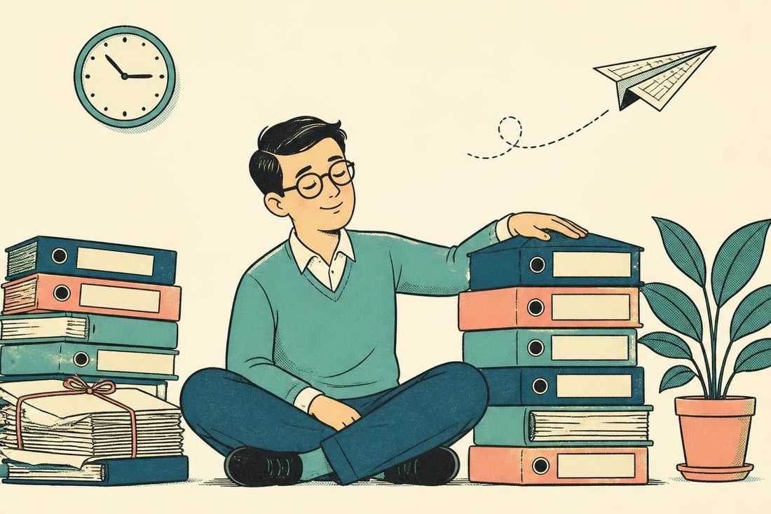 A calm person sitting on the floor beside neat stacks of ring binders